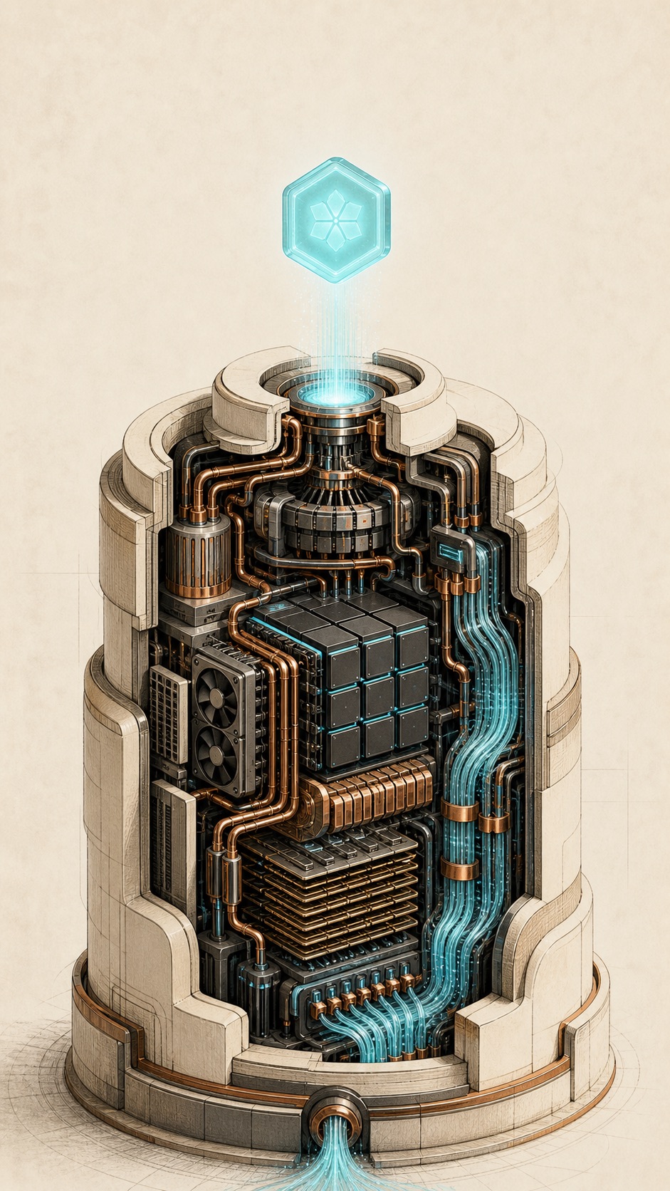 An editorial cutaway of an AI factory with power and cooling flowing through the system