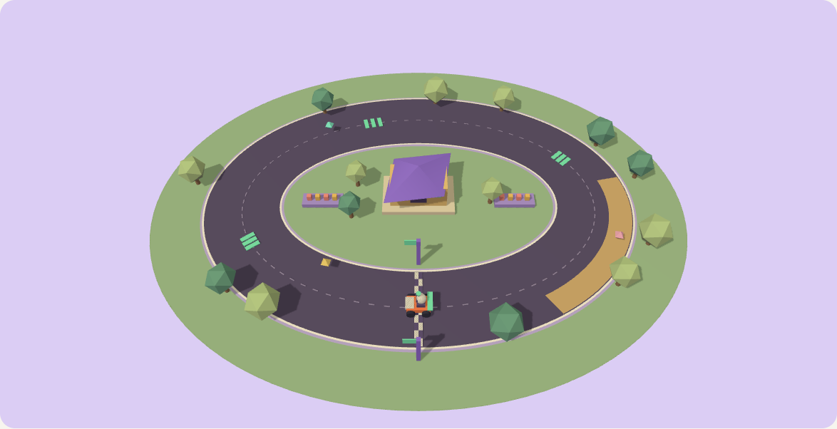 A toy kart on a 3D racing circuit