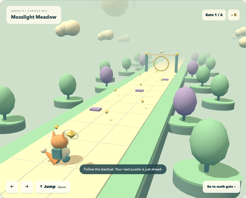 Finn the fox astronaut on a floating 3D math trail